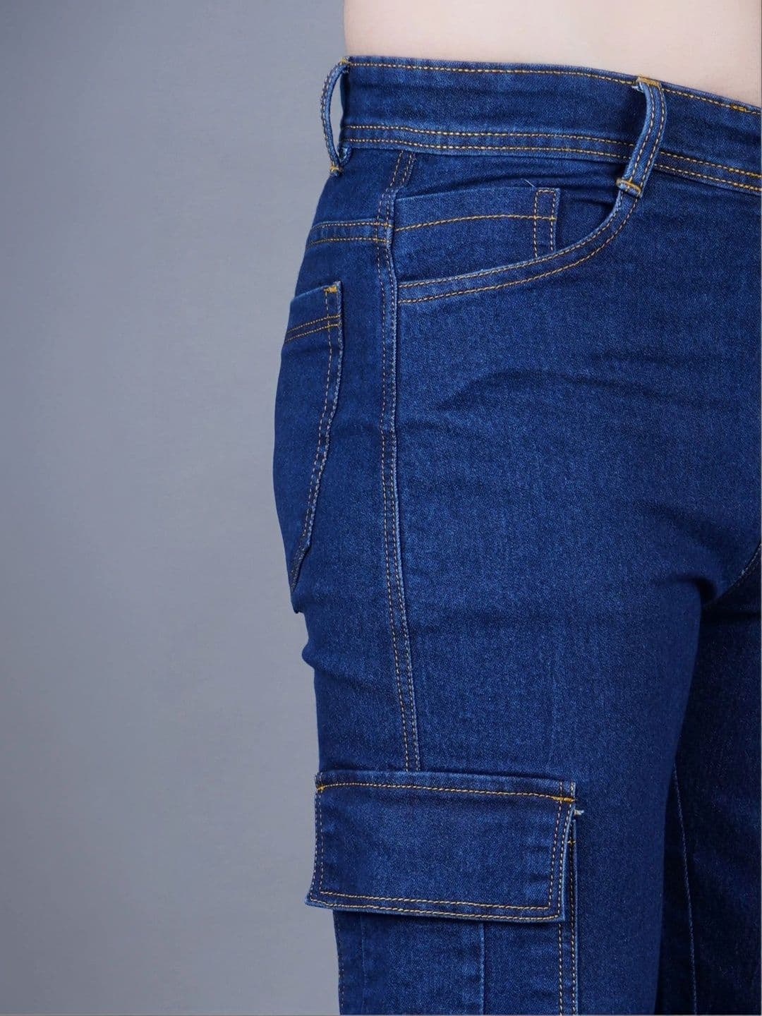 HERE&NOW Men's Medium-Wash Contrast-Stitched Cargo Straight Fit Jeans thumbnail 4