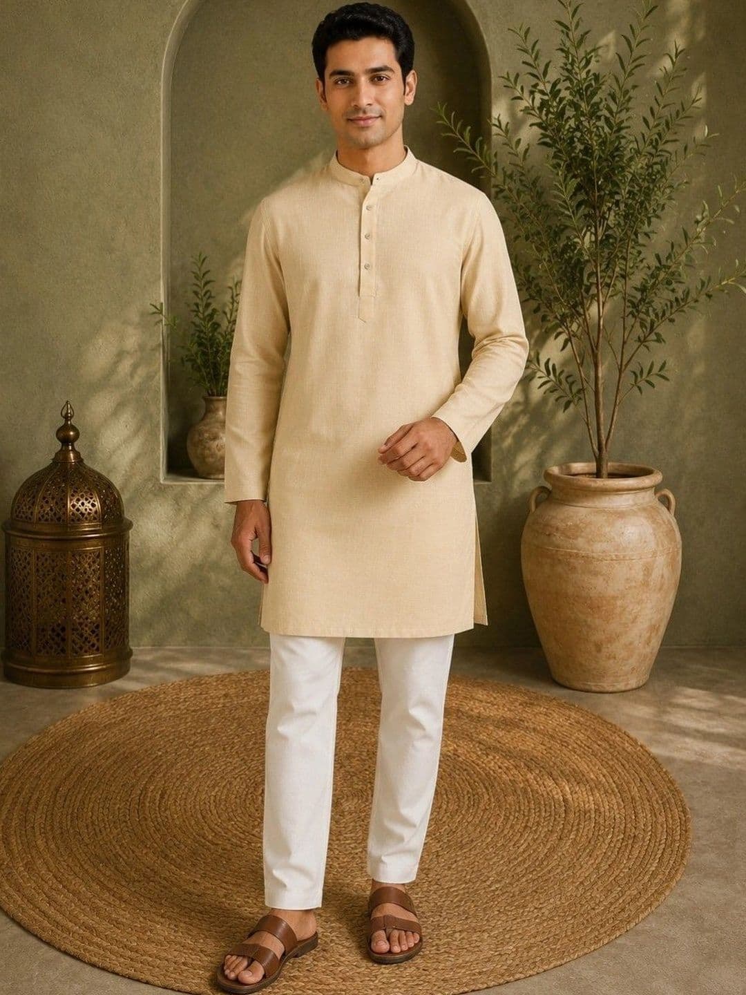 TATTVA Men Mandarin Collar Straight Thread Work Kurta thumbnail 7