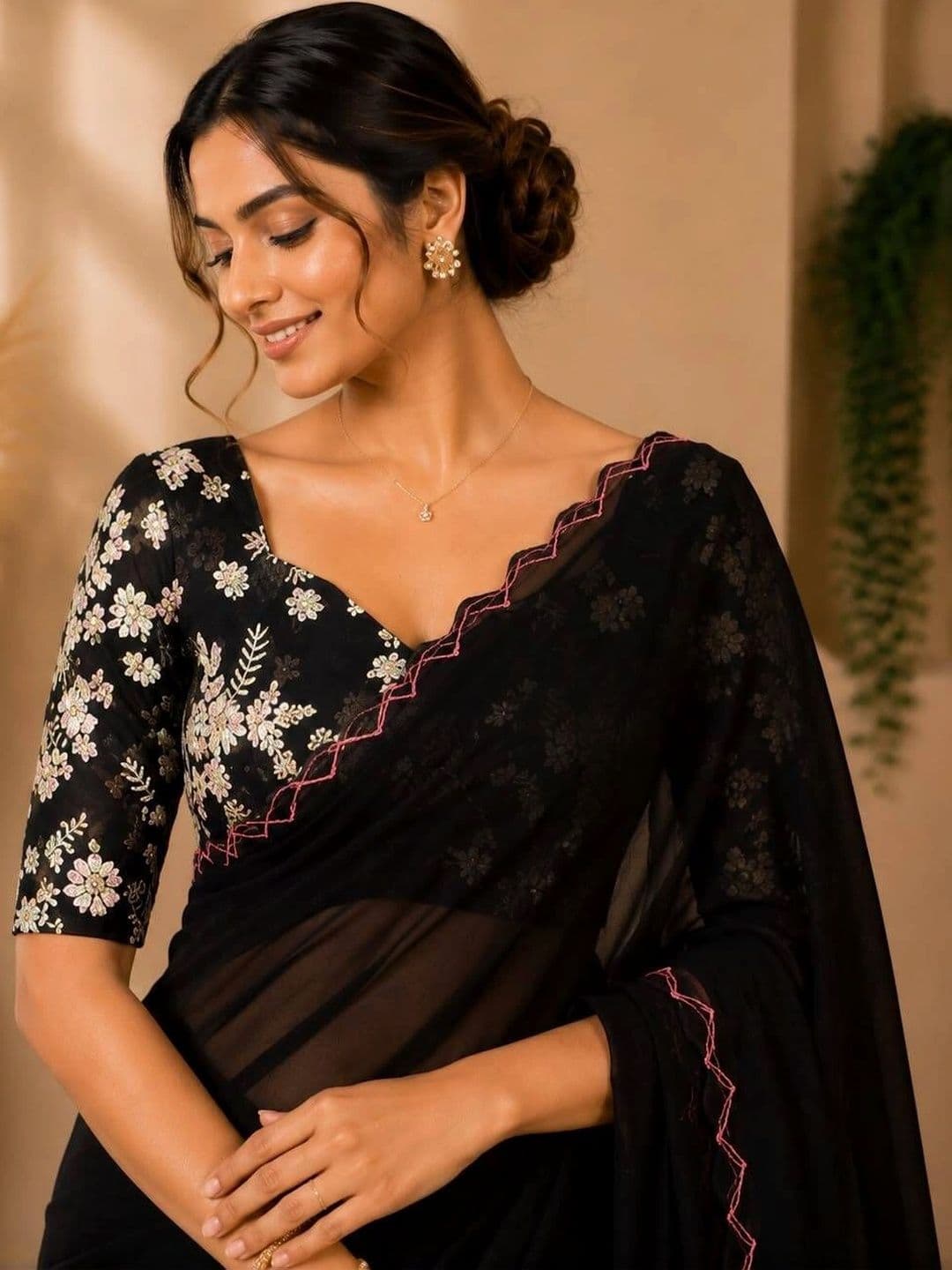 Saanvi Floral Aari Work Poly Georgette Saree thumbnail 3
