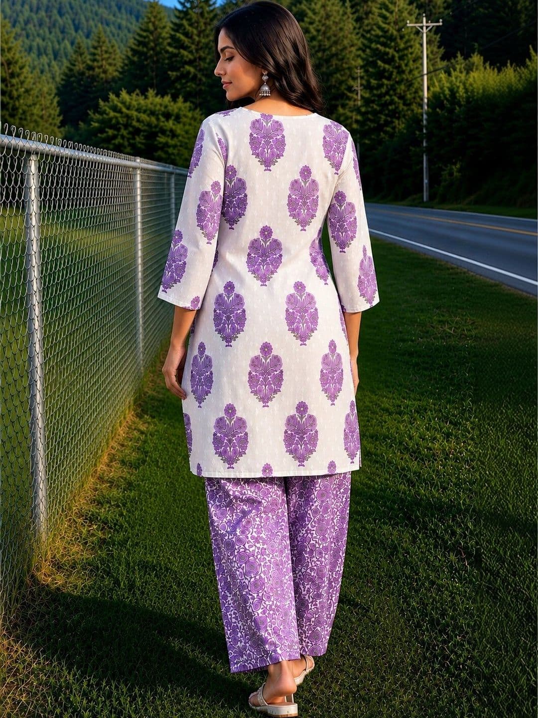 KALINI Women Floral Printed Regular Thread Work Pure Cotton Kurti with Palazzos & With Dupatta thumbnail 3