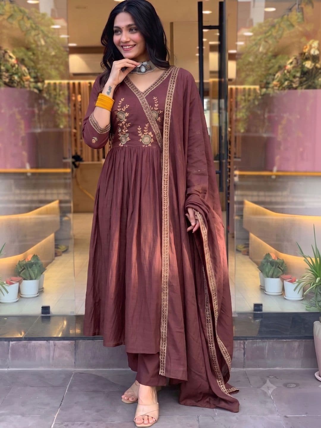Anouk Women Ethnic Motifs Embroidered Angrakha Gotta Patti Pure Silk Kurta with Trousers & With Dupatta thumbnail 5