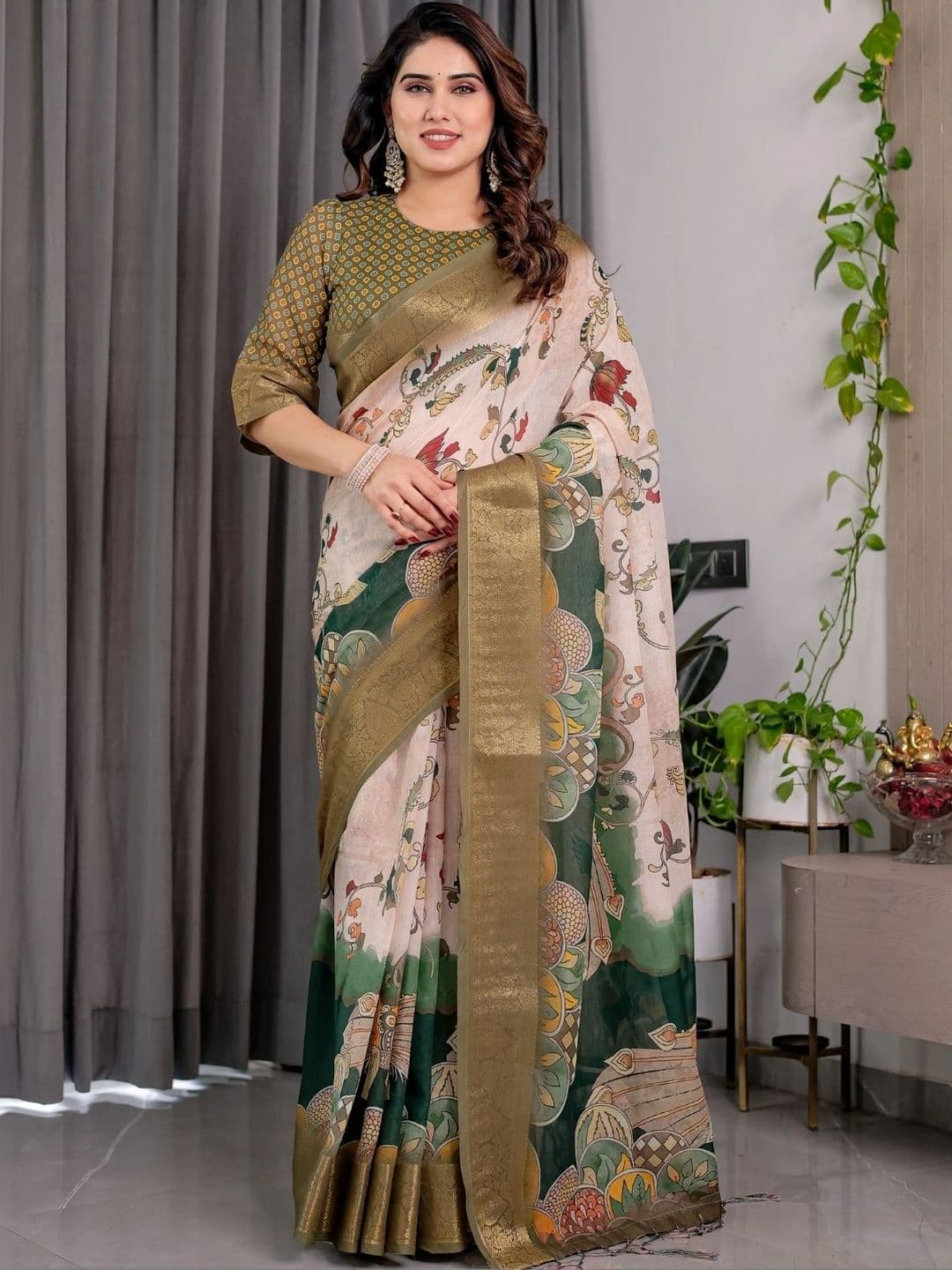 Mitera Kalamkari Zari Silk Blend Designer Saree - view 1