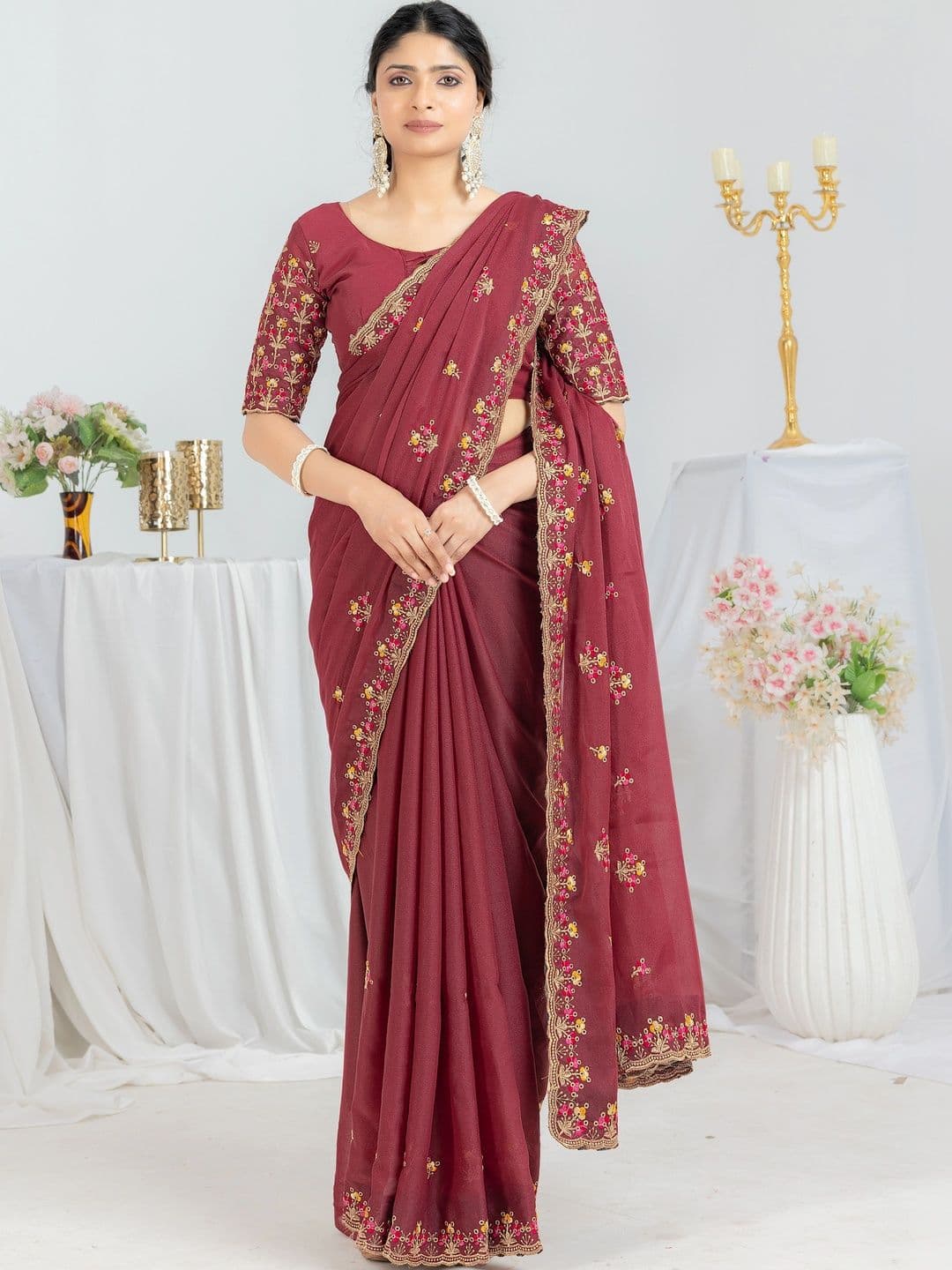 Vastra Drape Floral Embroidered Poly Georgette Saree - view 1