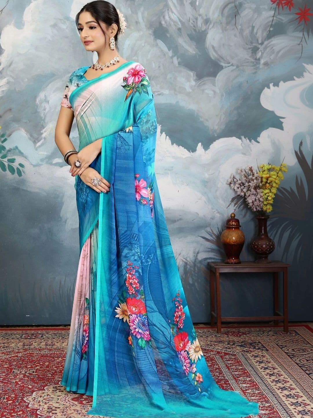 Mitera Floral Pure Georgette Designer Saree thumbnail 4