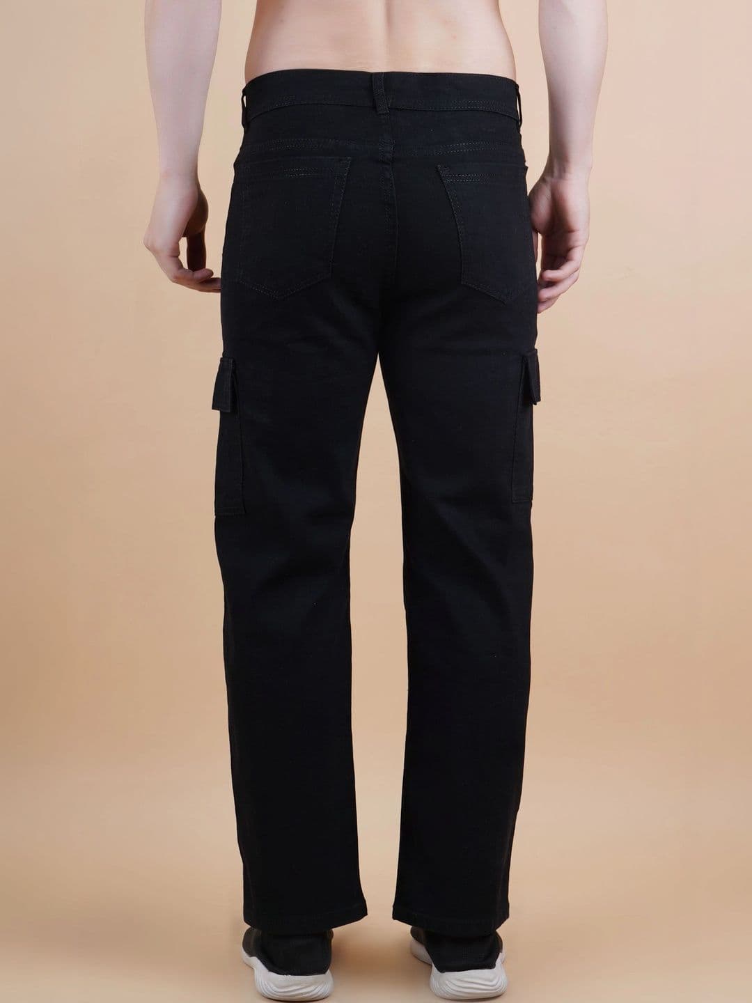 HERE&NOW Men's Jet Black Mid-Rise Straight Fit Cargo Jeans thumbnail 2