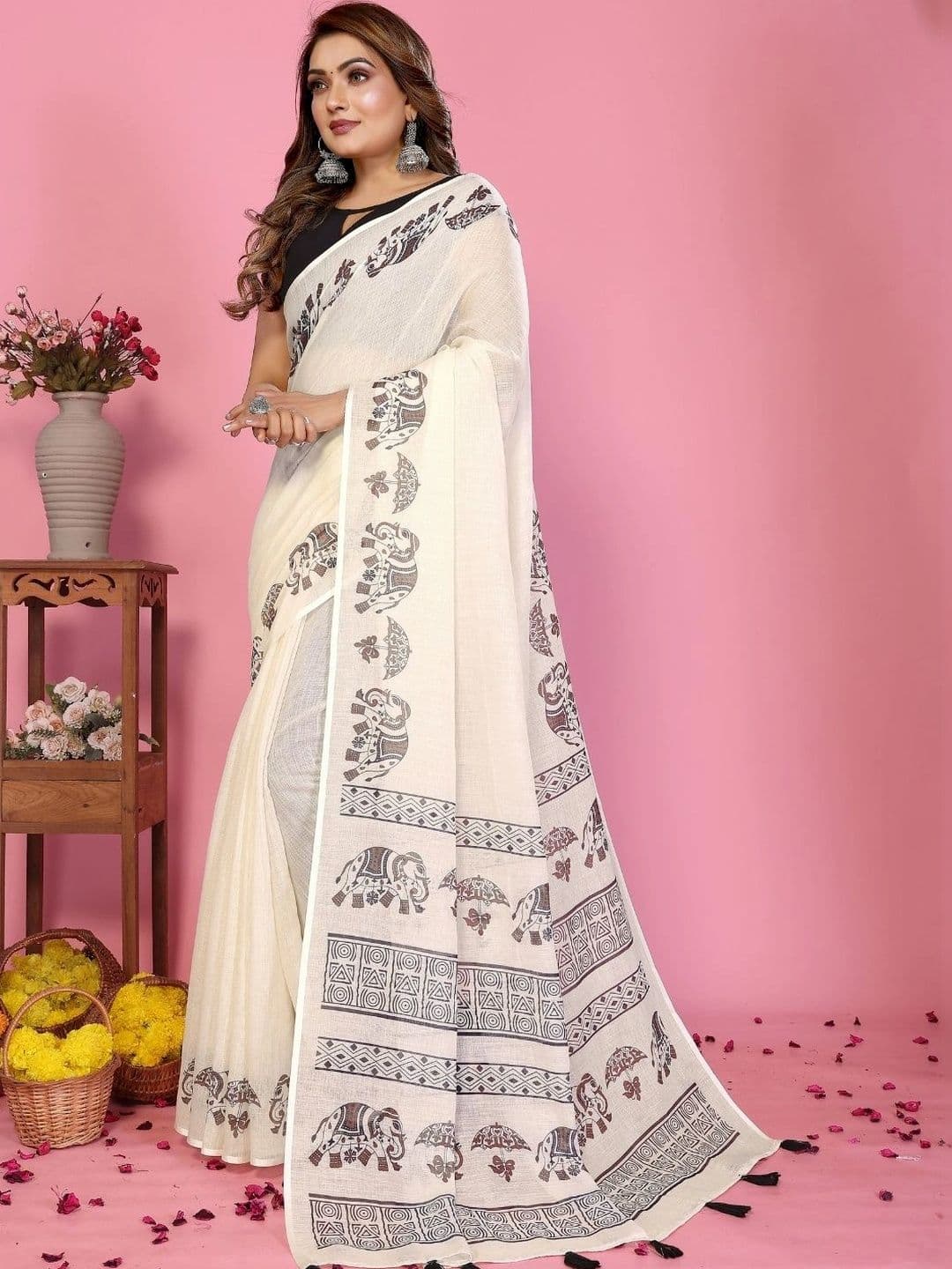 Mitera Warli Linen Blend Designer Saree thumbnail 5