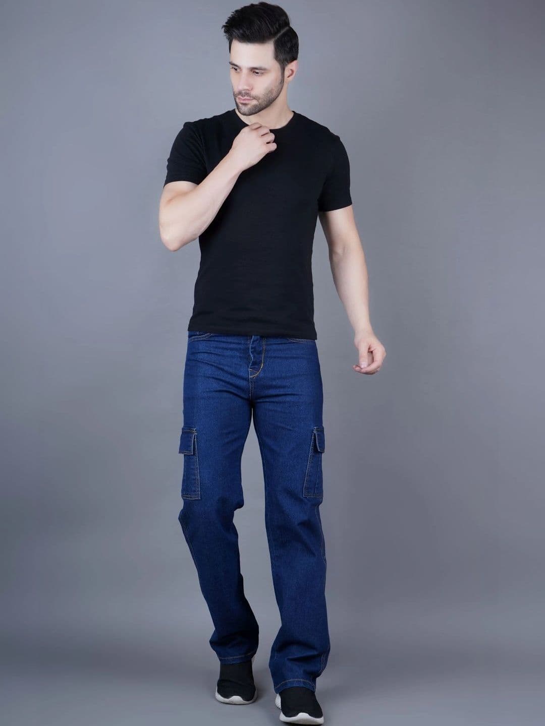 HERE&NOW Men's Medium-Wash Contrast-Stitched Cargo Straight Fit Jeans thumbnail 3
