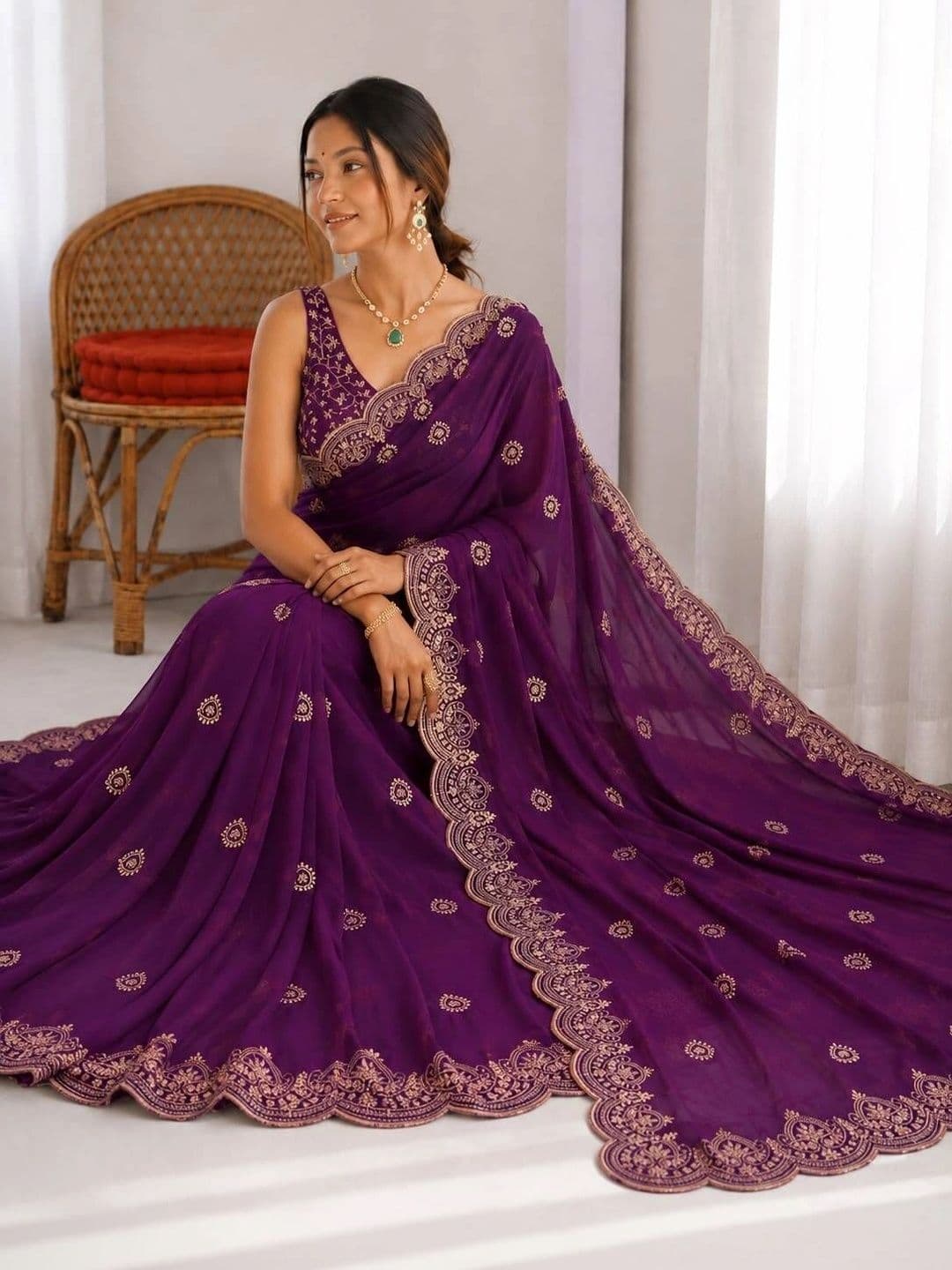 Vastra Drape Embellished Embroidered Poly Georgette Saree thumbnail 2