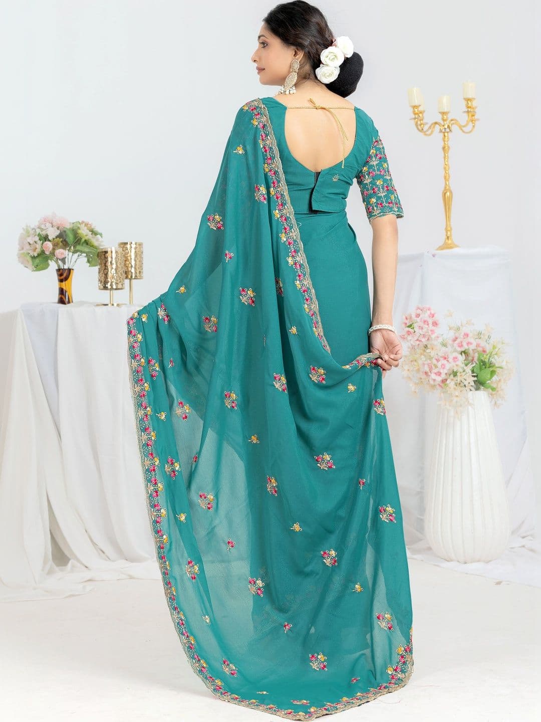 LabelVASTRA Floral Embroidered Poly Georgette Saree thumbnail 2
