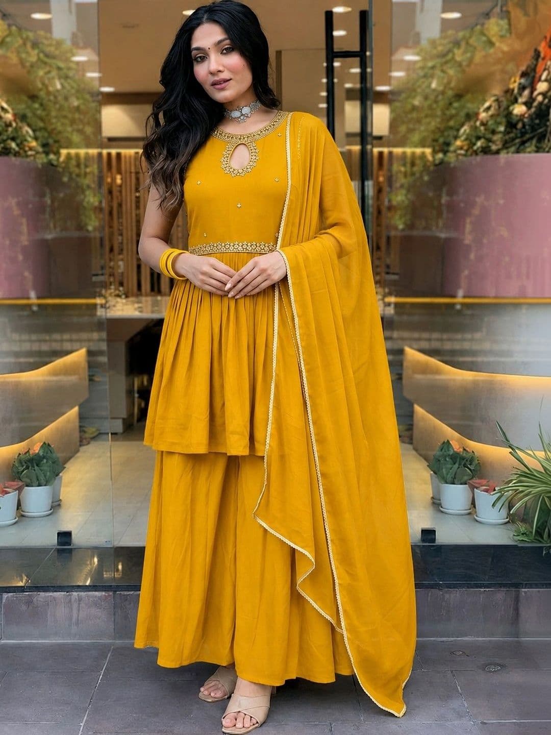 Anouk Women Empire Thread Work Pure Silk Kurta with Sharara & With Dupatta thumbnail 5