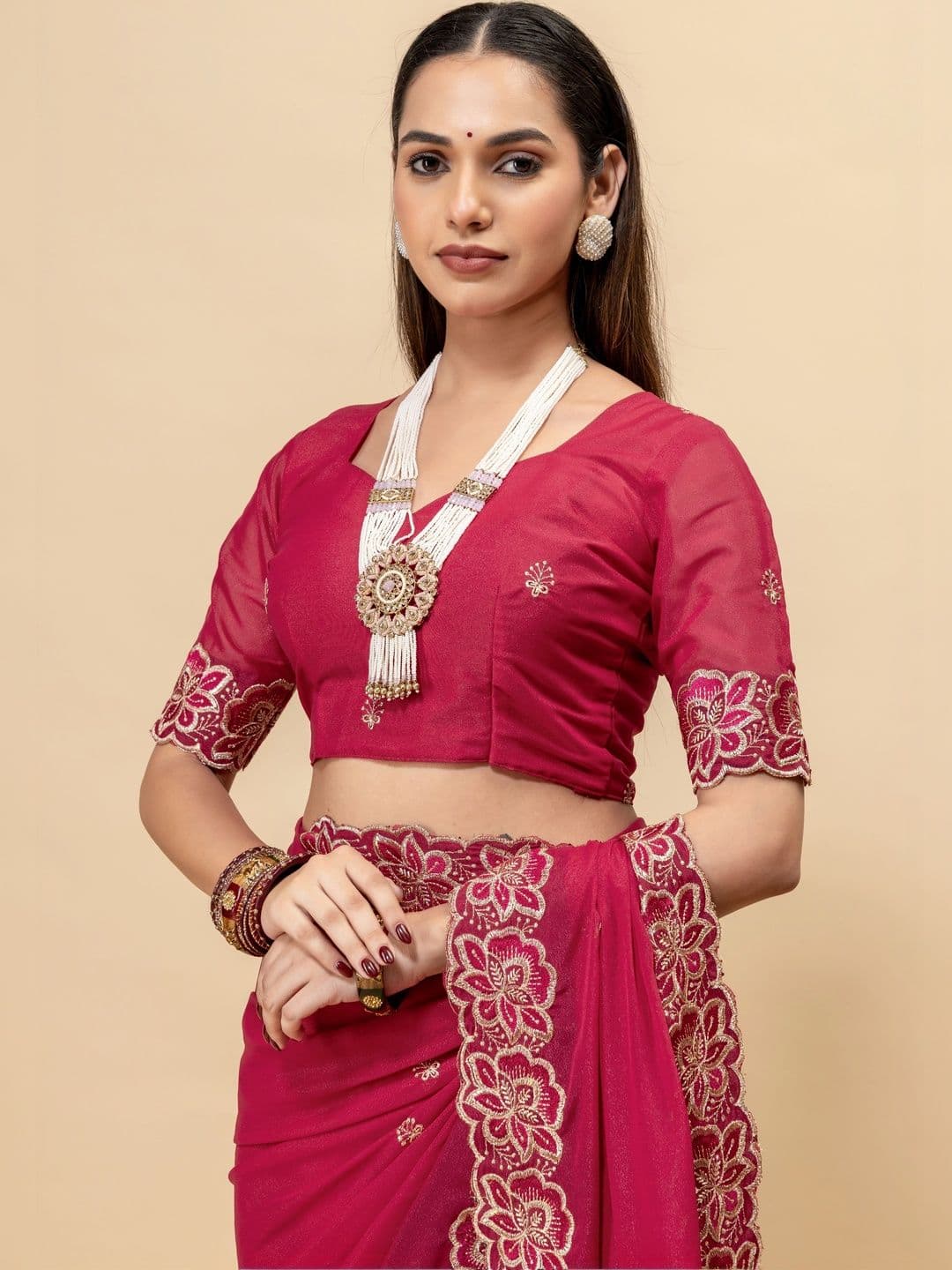 Vastra Drape Embellished Embroidered Poly Georgette Saree thumbnail 3