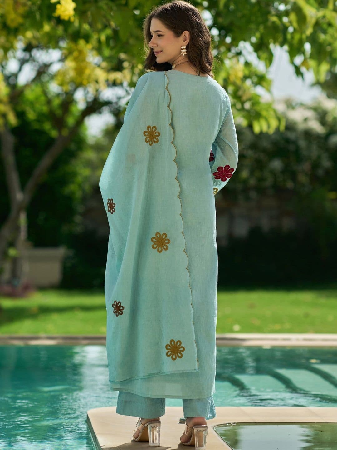 Ijya Women Floral Embroidered Regular Thread Work Chanderi Silk Kurta with Palazzos & With Dupatta thumbnail 4