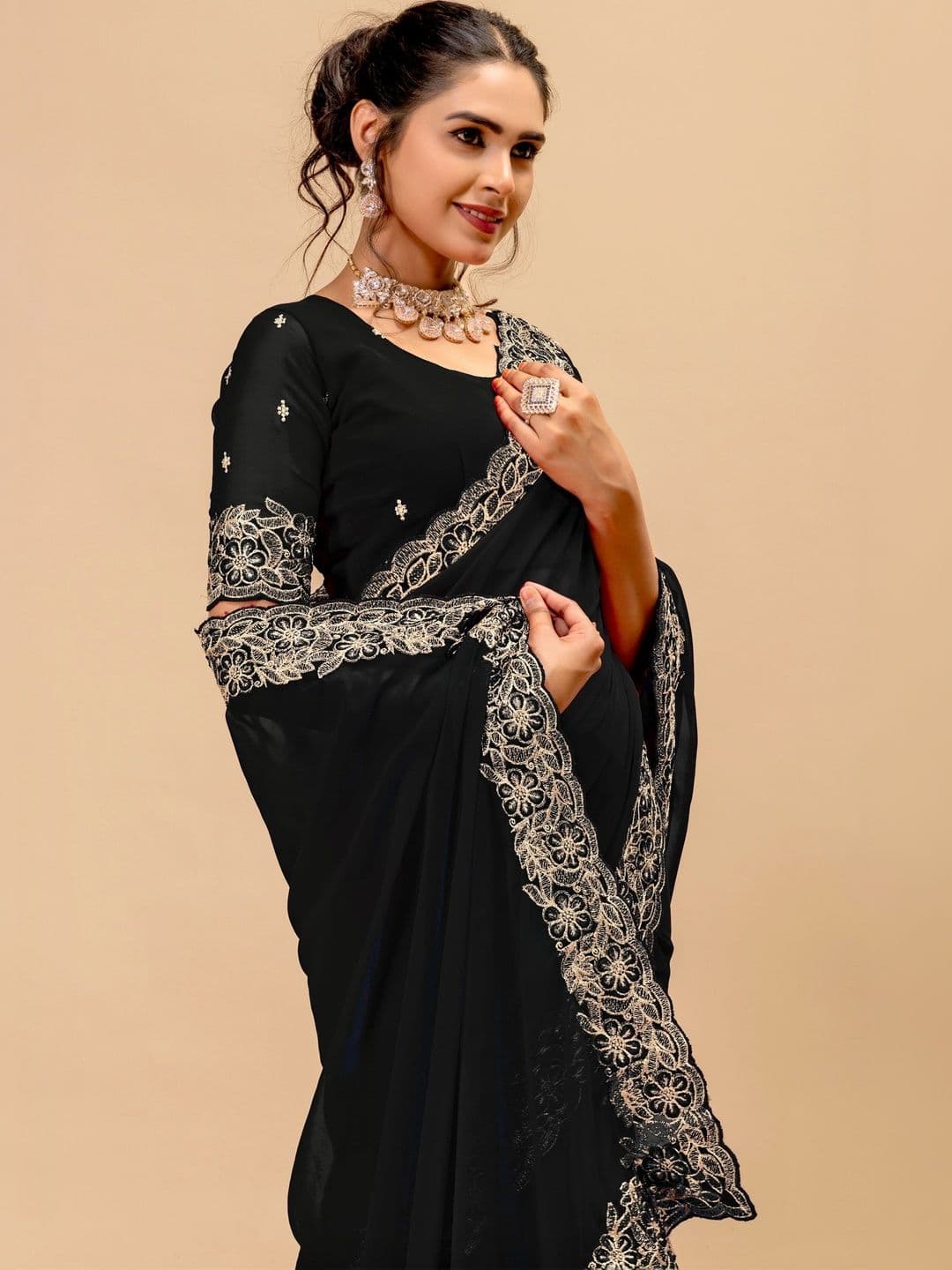 LabelVASTRA Embellished Embroidered Poly Georgette Saree thumbnail 2