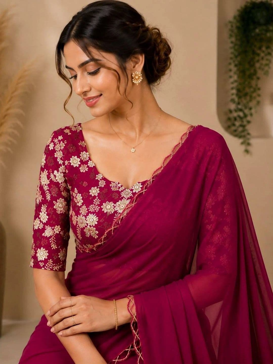 LabelVASTRA Floral Embroidered Poly Georgette Saree thumbnail 2
