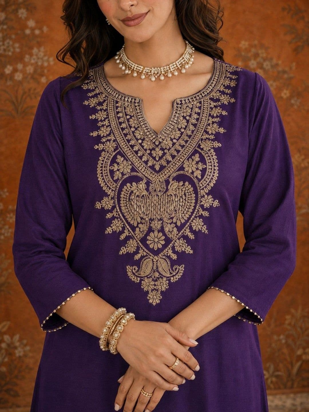Sangria Women Ethnic Motifs Embroidered Regular Thread Work  Kurta & Trousers With Dupatta thumbnail 2
