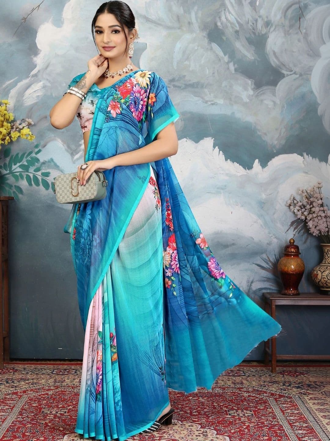 Mitera Floral Pure Georgette Designer Saree thumbnail 3