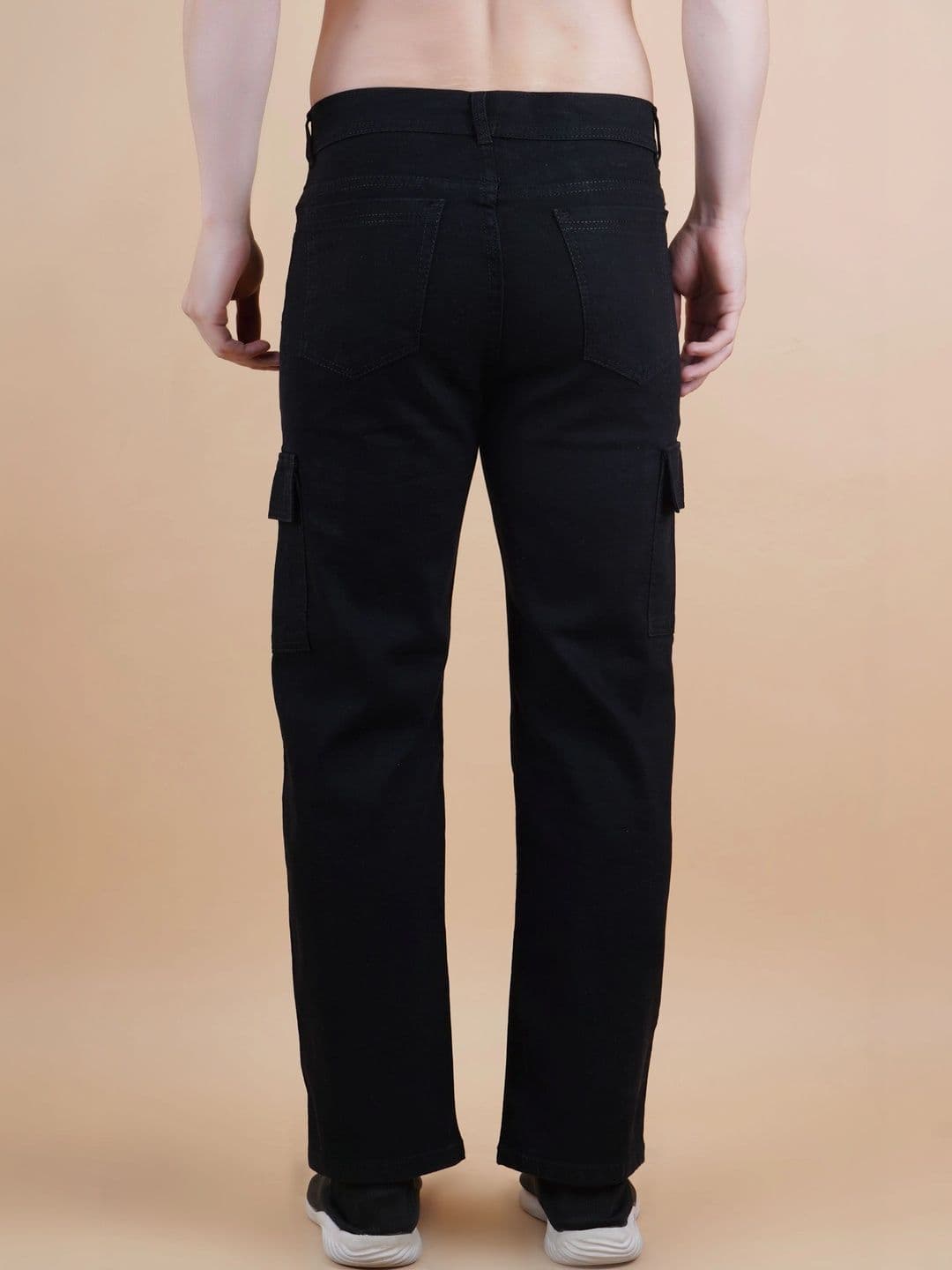 HERE&NOW Men's Jet Black Mid-Rise Straight Fit Cargo Jeans with 6-Pockets thumbnail 4