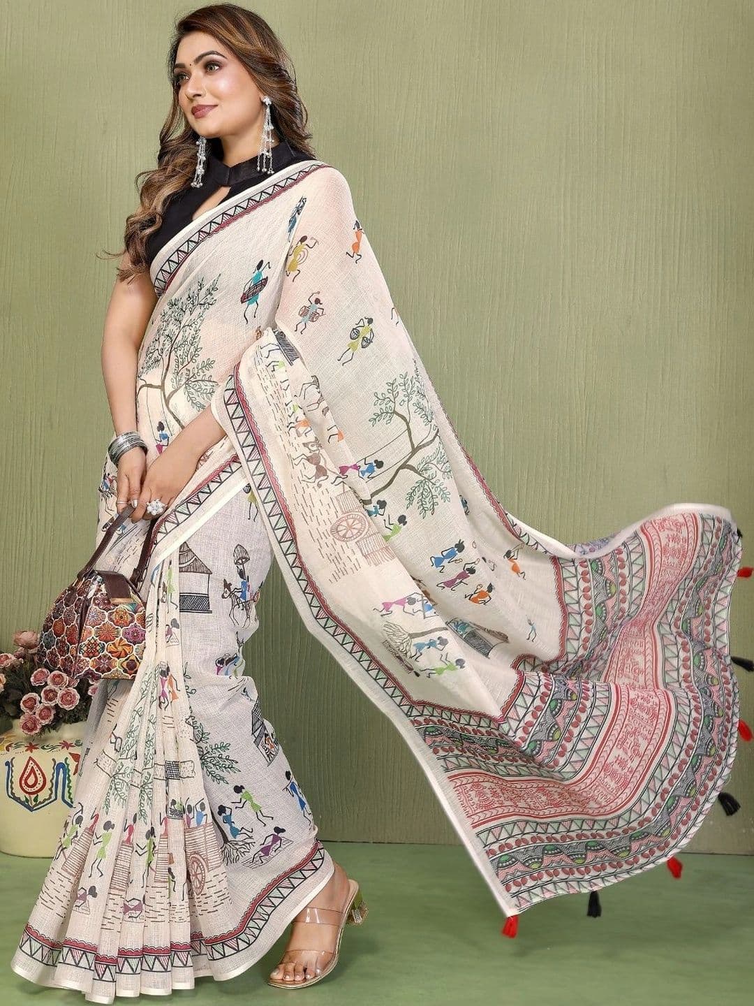 Mitera Warli Linen Blend Designer Saree thumbnail 6