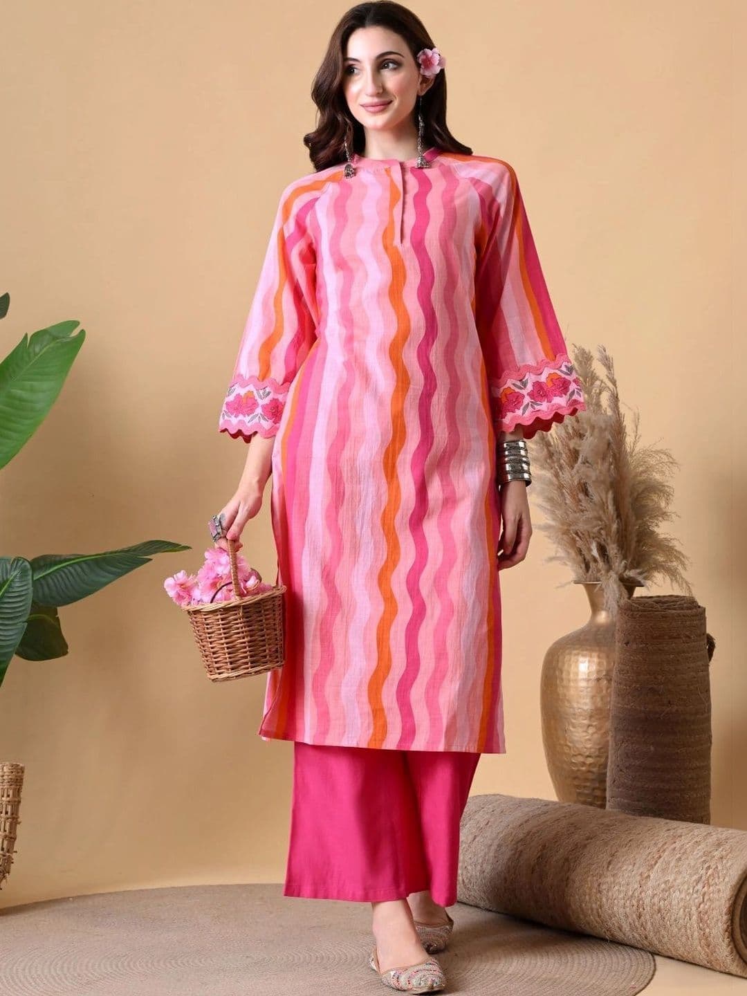 CRENOL THREADS Women Striped Mandarin Collar Cotton Straight Kurta - view 1