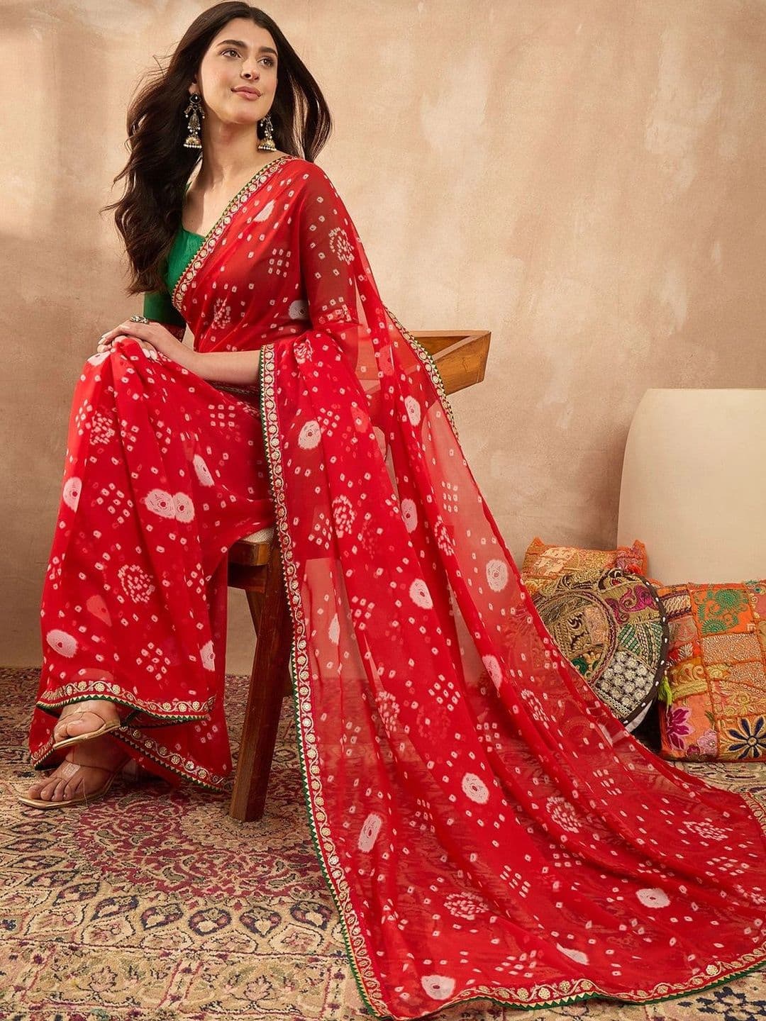 Sangria Bandhani Mirror Work Poly Georgette Designer Bandhani Saree thumbnail 3