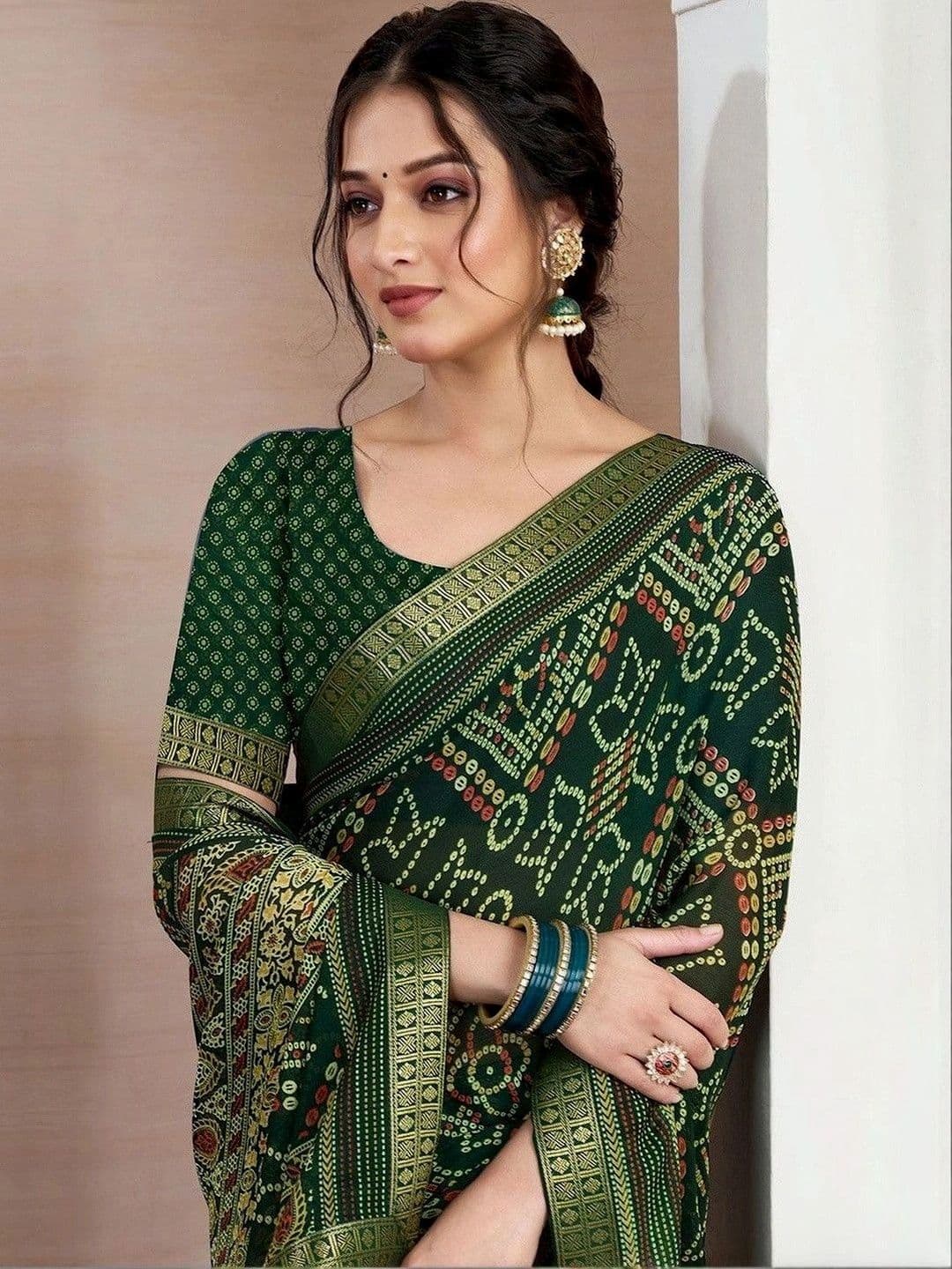 SANISA Bandhani Zari Pure Chiffon Saree thumbnail 2