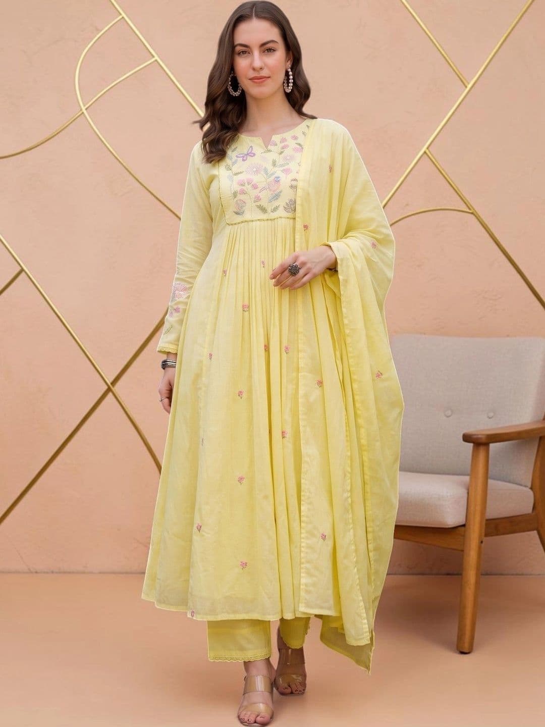 all about you Women Floral Embroidered Empire Thread Work Chanderi Silk Kurta with Trousers Dupatta - view 1