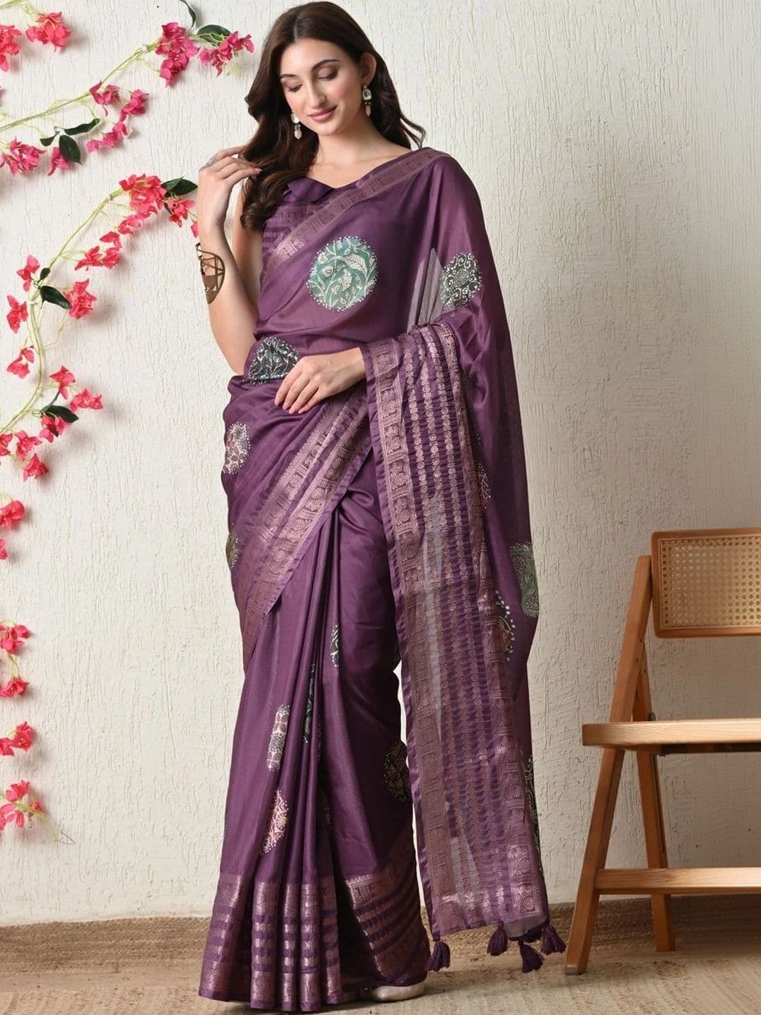 KALINI Ethnic Motifs Zari Silk Cotton Block Print Saree - view 1