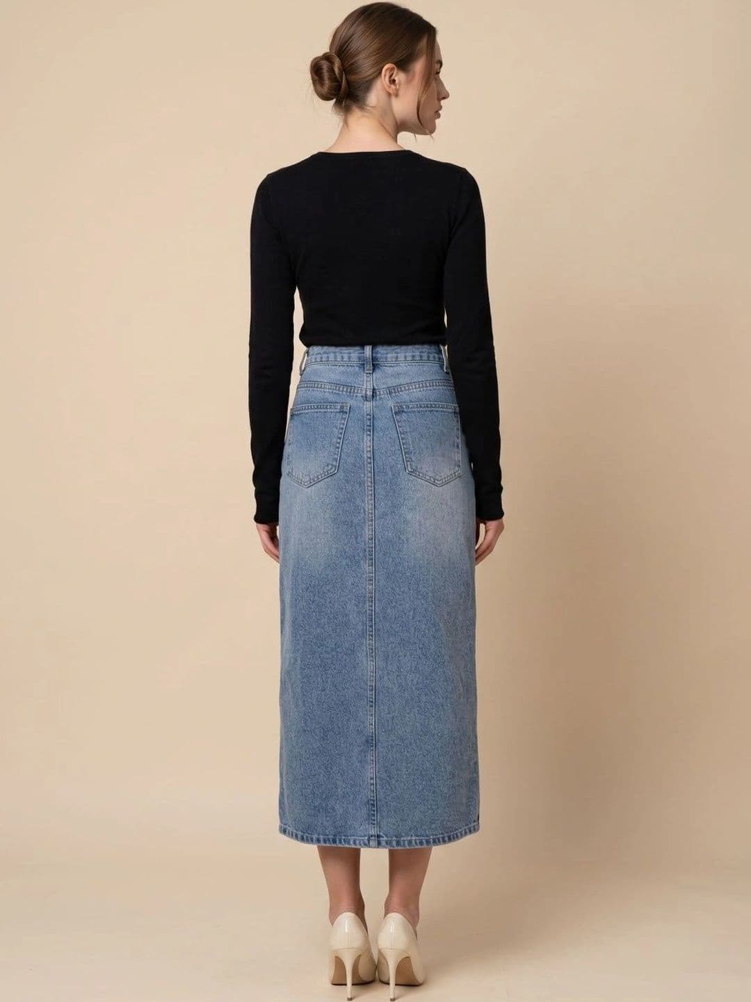 MAKPAK Women Denim Washed Front Slit Midi Straight Skirt thumbnail 2