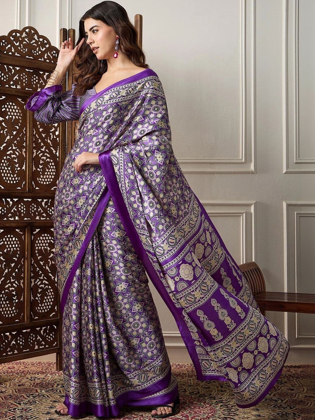 Saree mall Ajrak Block Pure Crepe Designer Block Print Sarees thumbnail 5