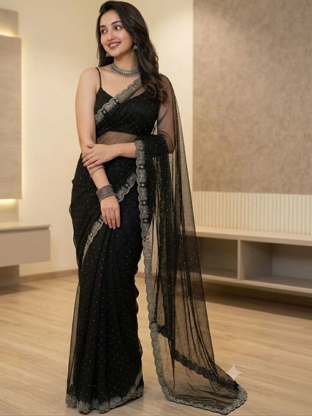 Akshmi Creation Embellished Supernet Saree thumbnail 3