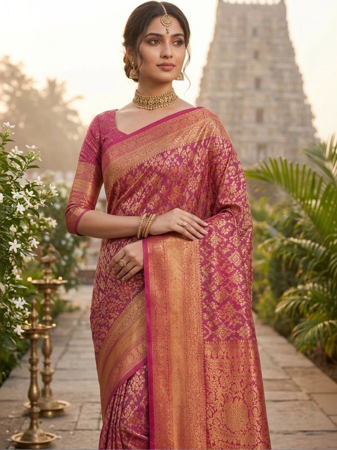 Owlsky Floral Zari Art Silk Kanjeevaram Saree thumbnail 5
