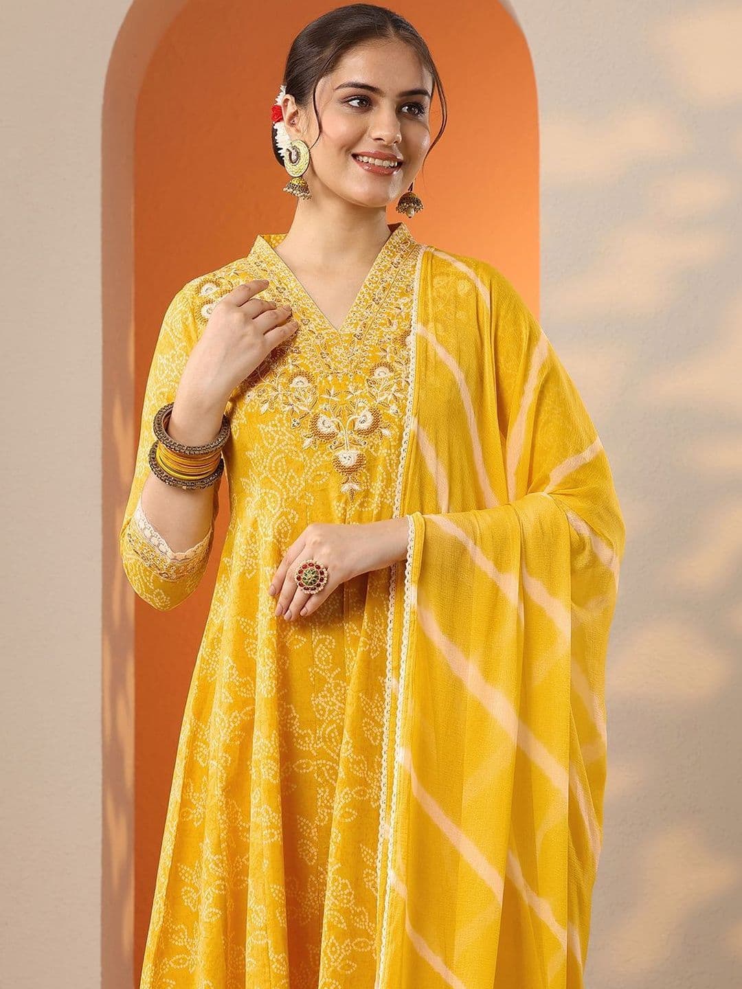 Libas Women Ethnic Motifs Printed Tiered Thread Work Kurta with Trousers & With Dupatta thumbnail 3