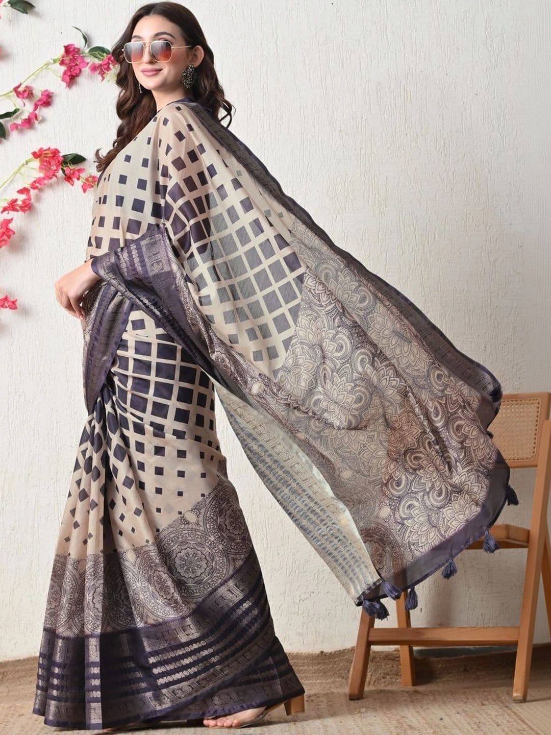 KALINI KALIN Women I Ethnic Motifs Zari Silk Cotton Block Print Saree thumbnail 7