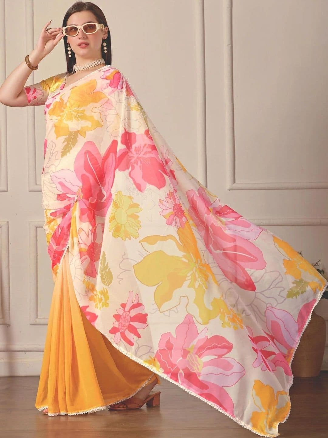 Pixie lane Floral Gotta Patti Pure Georgette Saree thumbnail 2