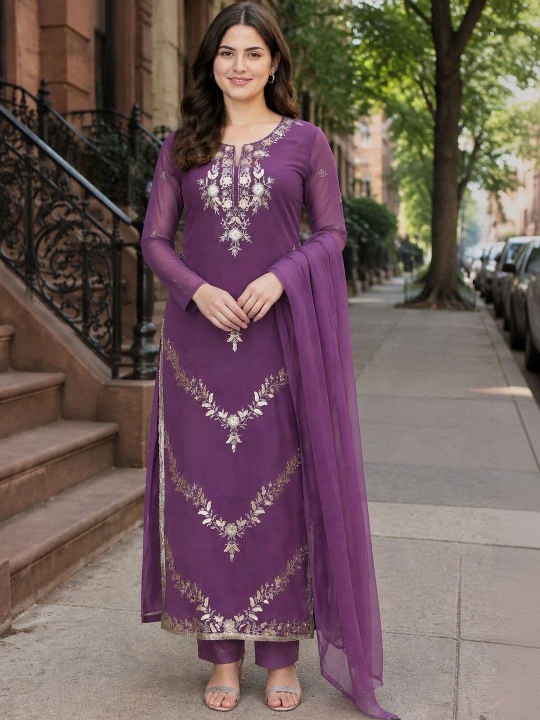 all about you Women Ethnic Motifs Embroidered Straight Kurta with Trousers & Dupatta thumbnail 3