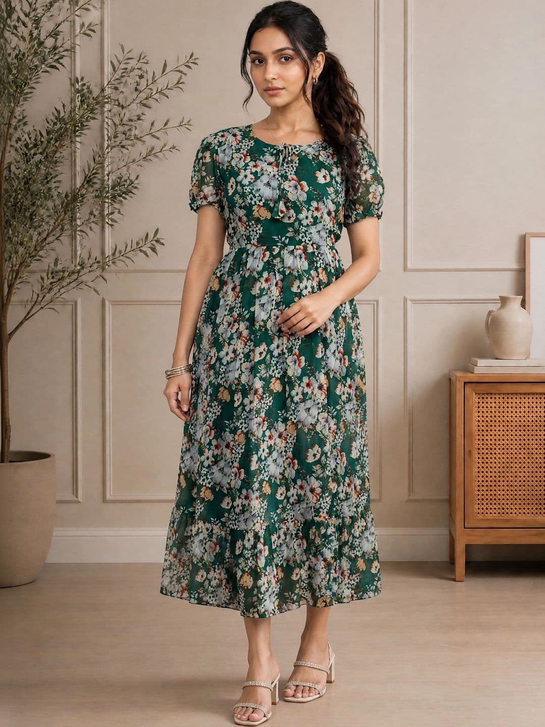QENA Floral Print Puff Sleeve Georgette A-Line Maxi Dress thumbnail 3