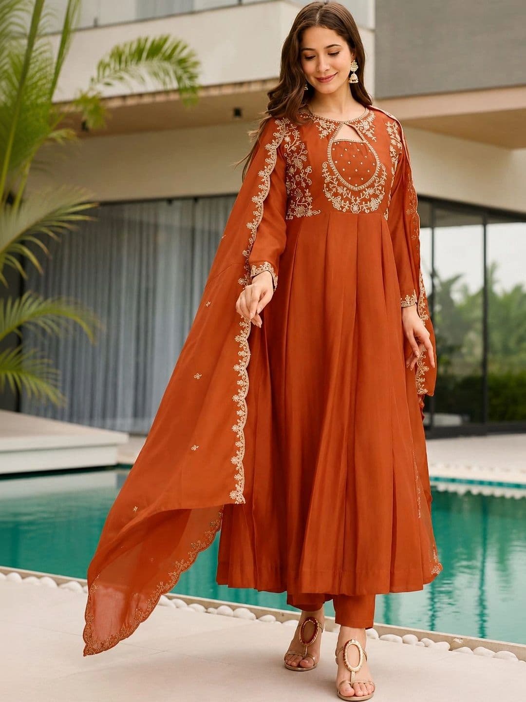 Sangria Women Ethnic Motifs Embroidered Regular Thread Work Chanderi Silk Kurta with Trousers & With Dupatta thumbnail 2