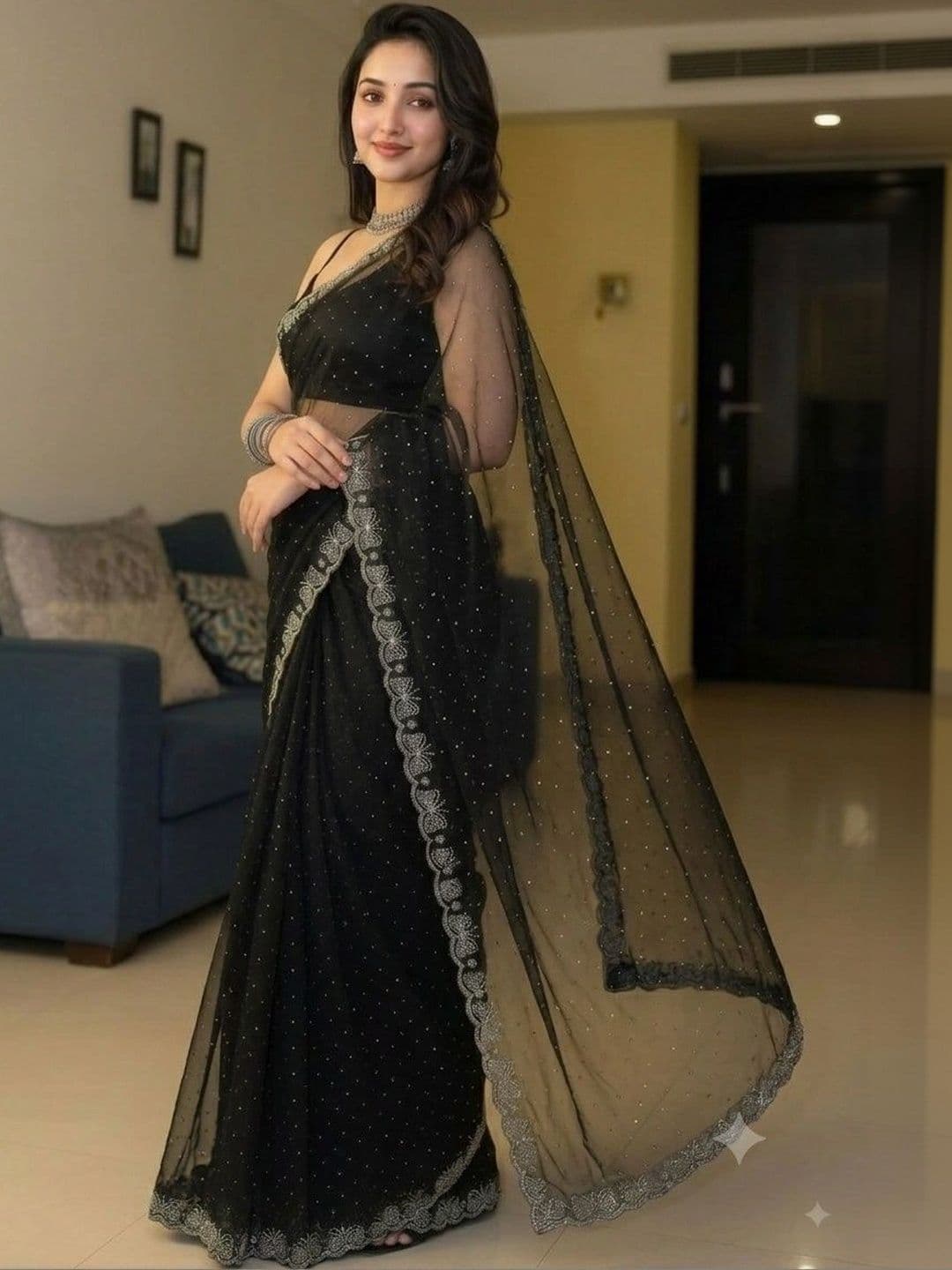 Akshmi Creation Embellished Supernet Saree thumbnail 2