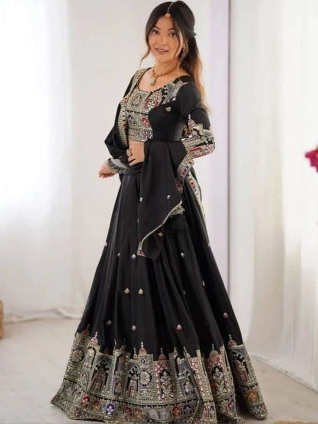Vishu Saree Embroidered Mirror Work Ready to Wear Lehenga & Blouse With Dupatta thumbnail 3