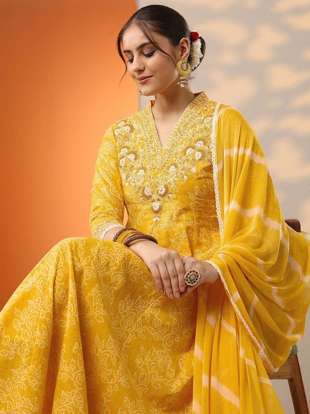 Libas Women Ethnic Motifs Printed Tiered Thread Work Kurta with Trousers & With Dupatta - view 1