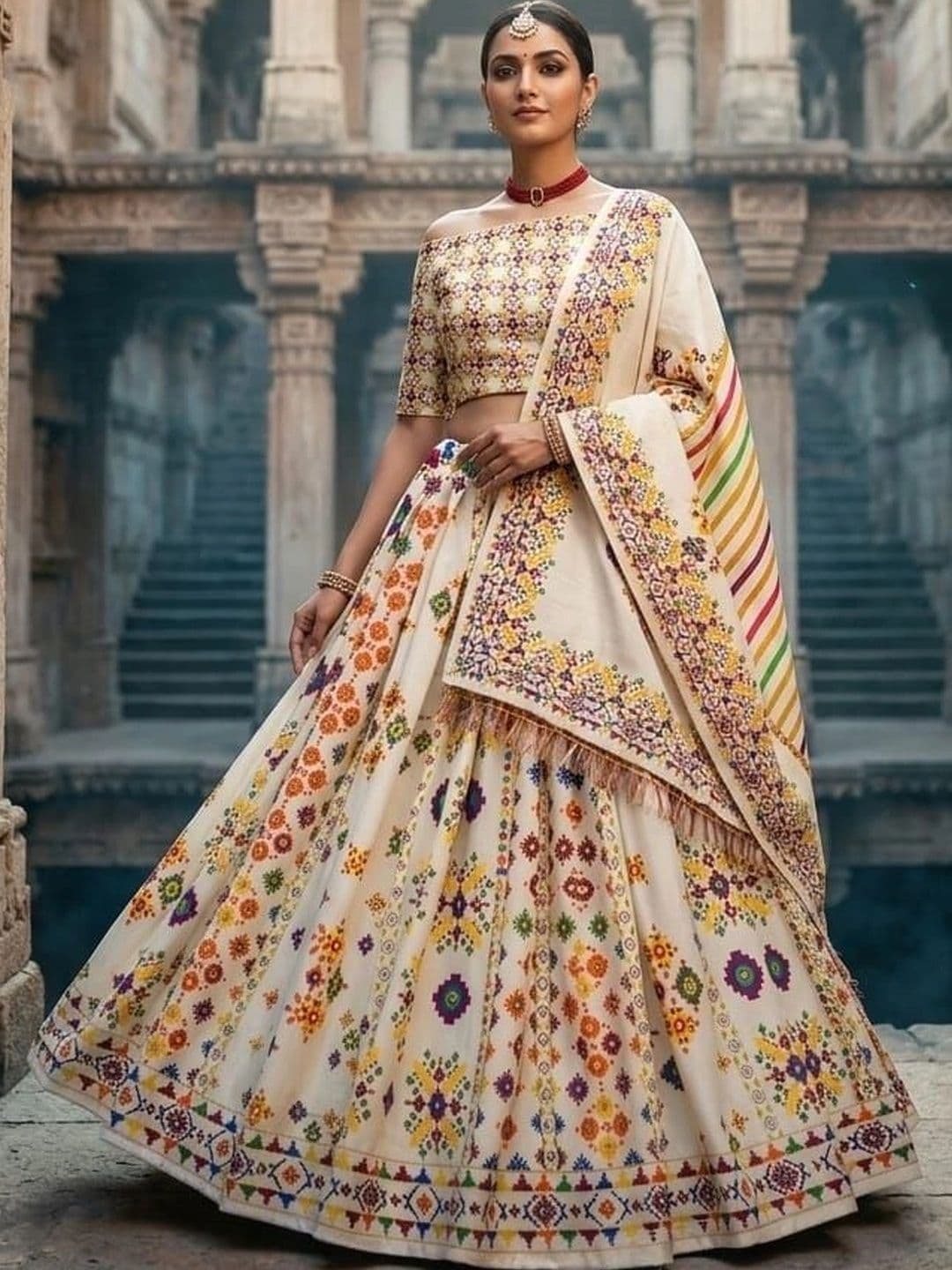 Sangria Printed Mirror Work Semi-Stitched Lehenga & Unstitched Blouse With Dupatta thumbnail 4