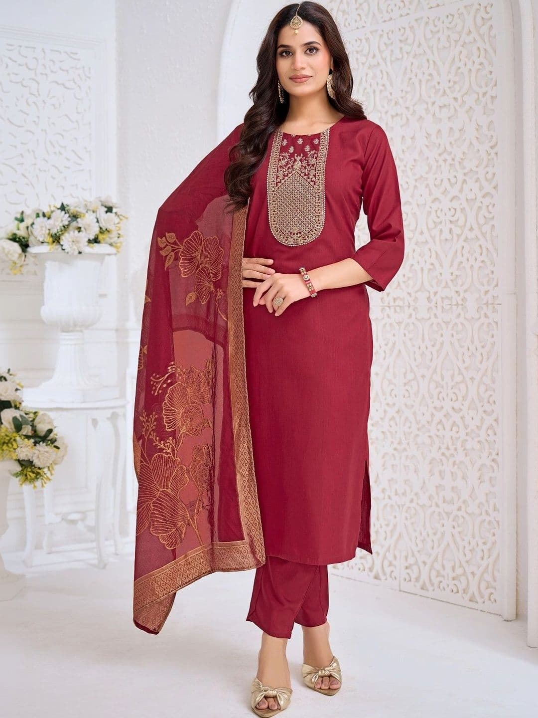Sangria Women Ethnic Motifs Embroidered Regular Kurta with Trousers & With Dupatta - view 1