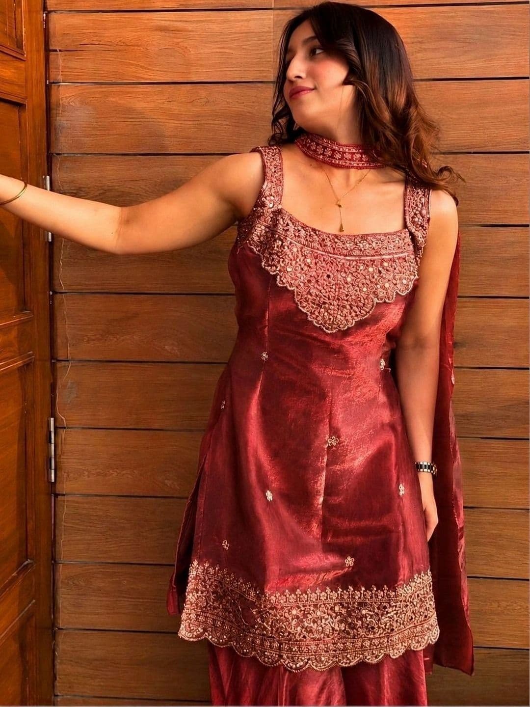 AKSHARAM Women Ethnic Motifs Embroidered Regular Kurta with Sharara & With Dupatta thumbnail 2
