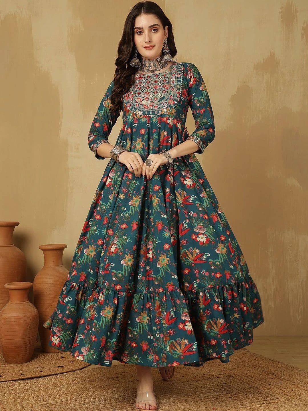 Sangria Women Floral Printed Mirror Work Floral Anarkali Kurta - view 1