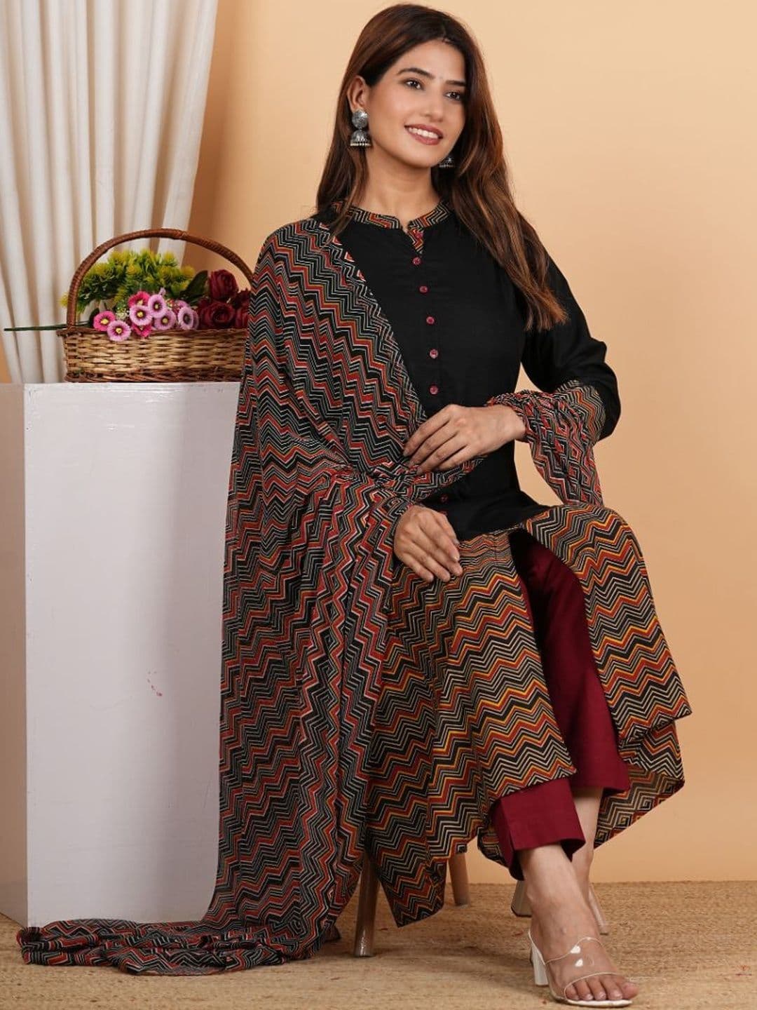 KALINI Chevron Printed Anarkali Kurta With Dupatta thumbnail 4