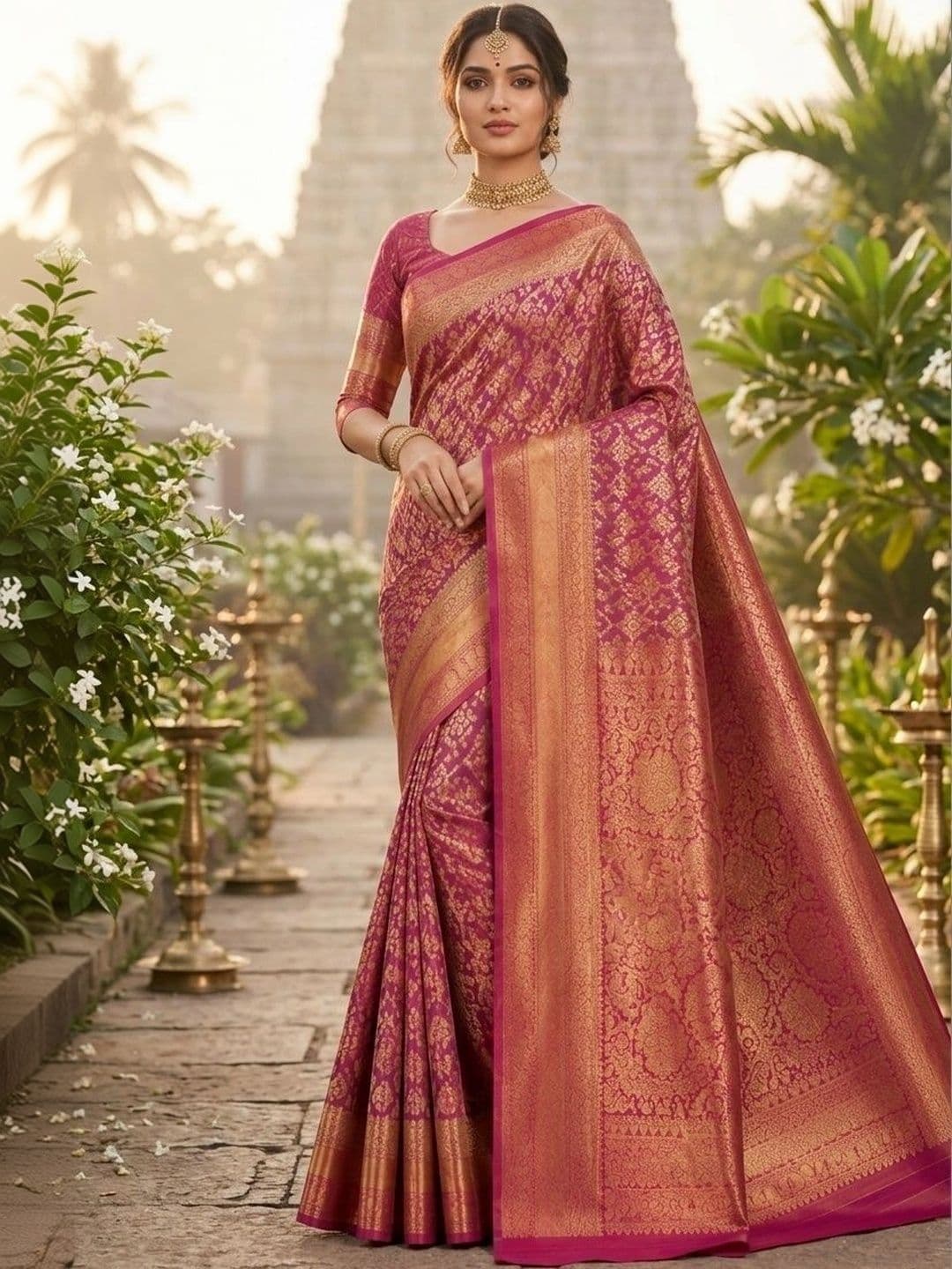 Owlsky Floral Zari Art Silk Kanjeevaram Saree - view 1