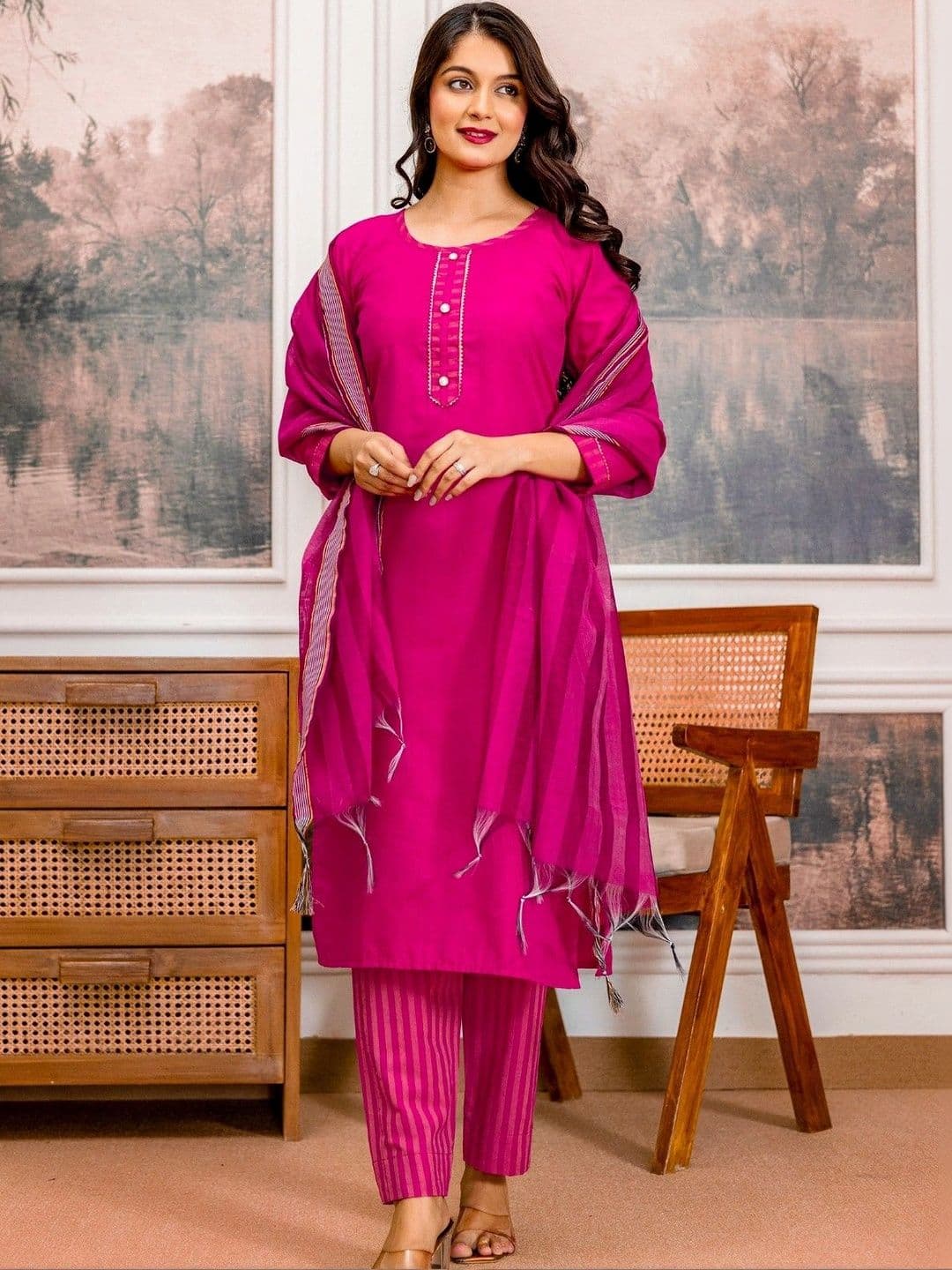 Ibrana Women Round Neck Straight Kurta with Trousers & Dupatta - view 1