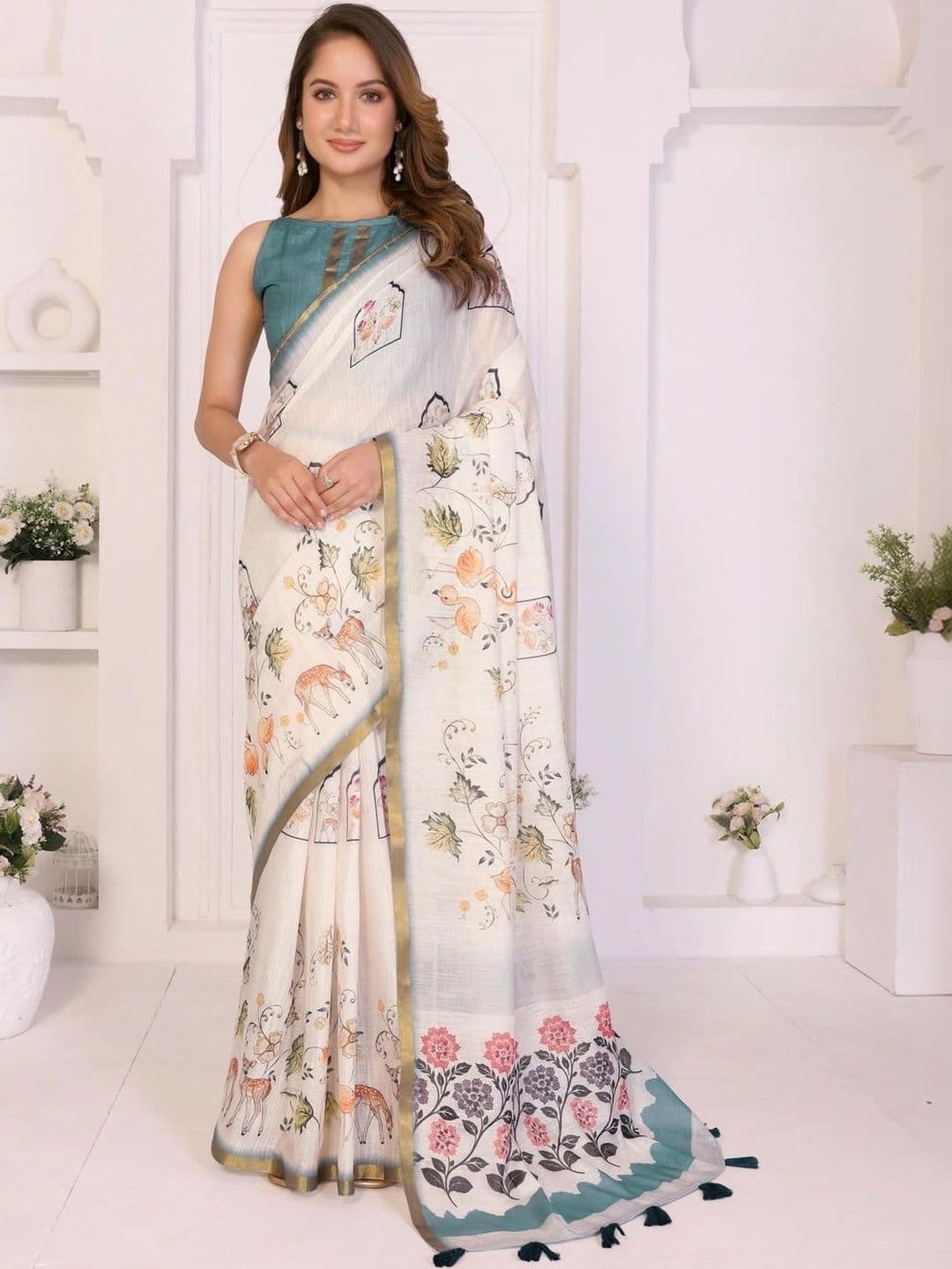 Pixie lane Floral Zari Linen Blend Saree - view 1