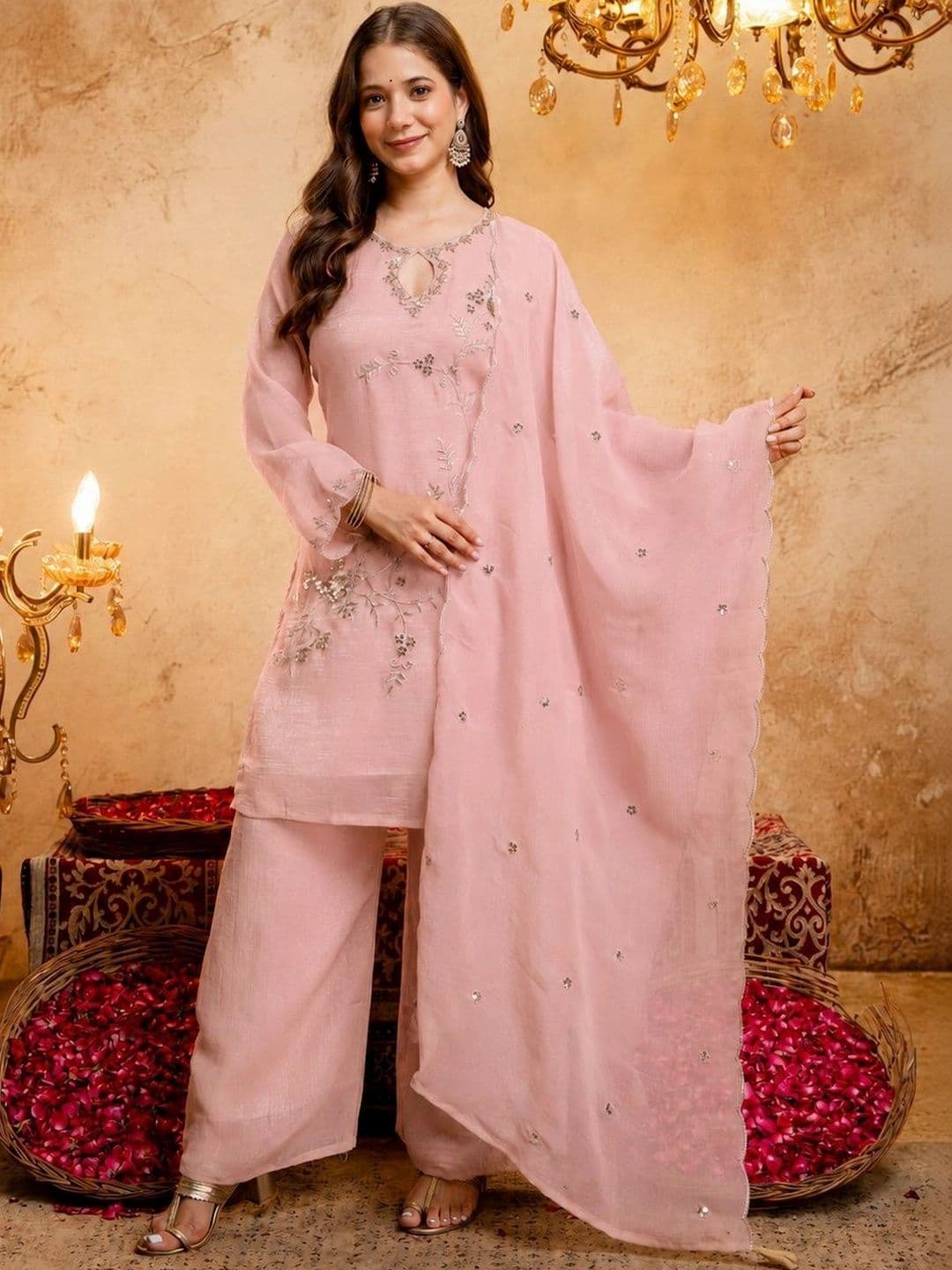 J.KANJI Women Ethnic Motifs Embroidered Regular Thread Work Kurta with Palazzos & With Dupatta - view 1