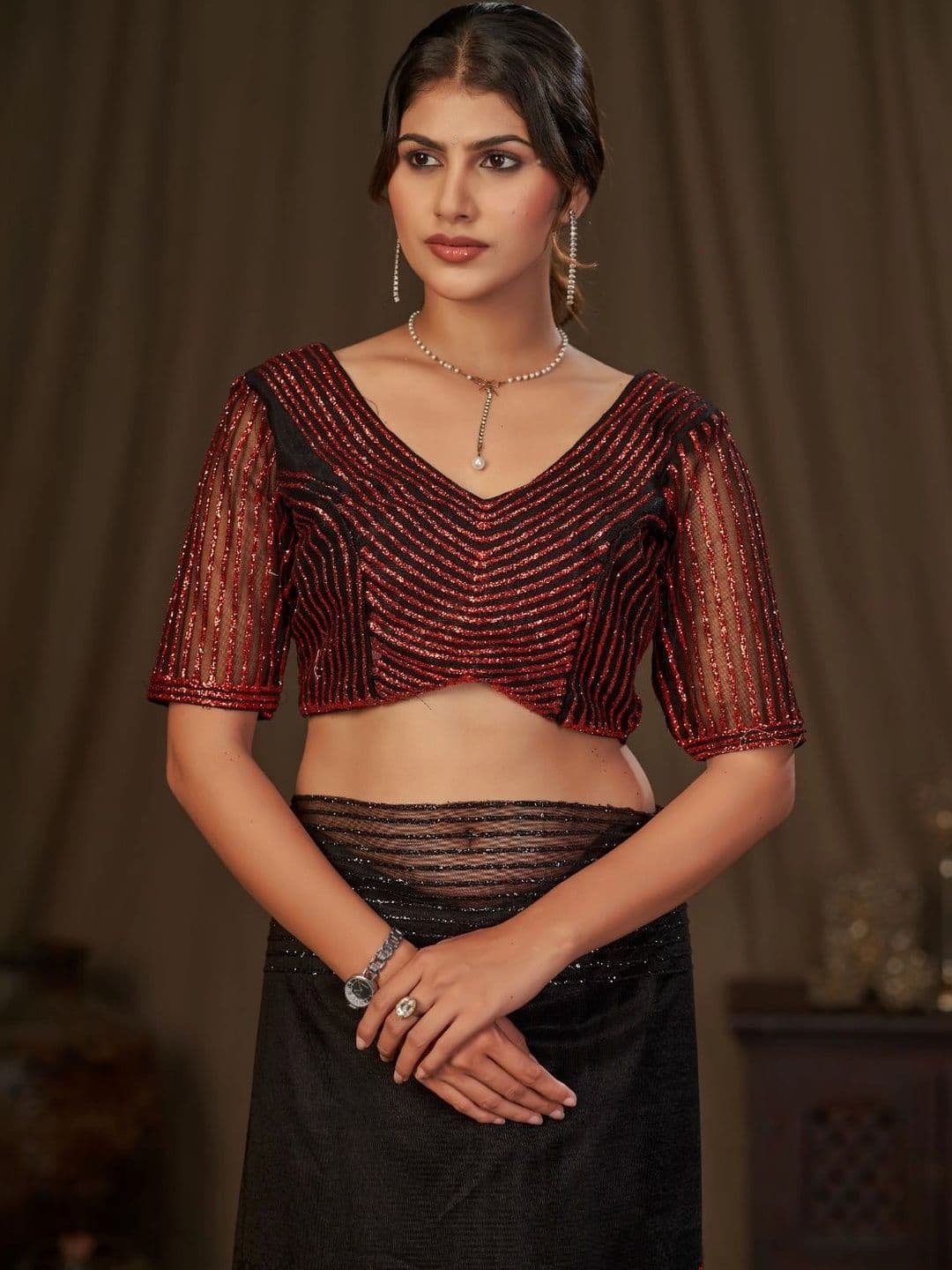 Parmila Fashion Embellished Sequinned Net Saree thumbnail 5